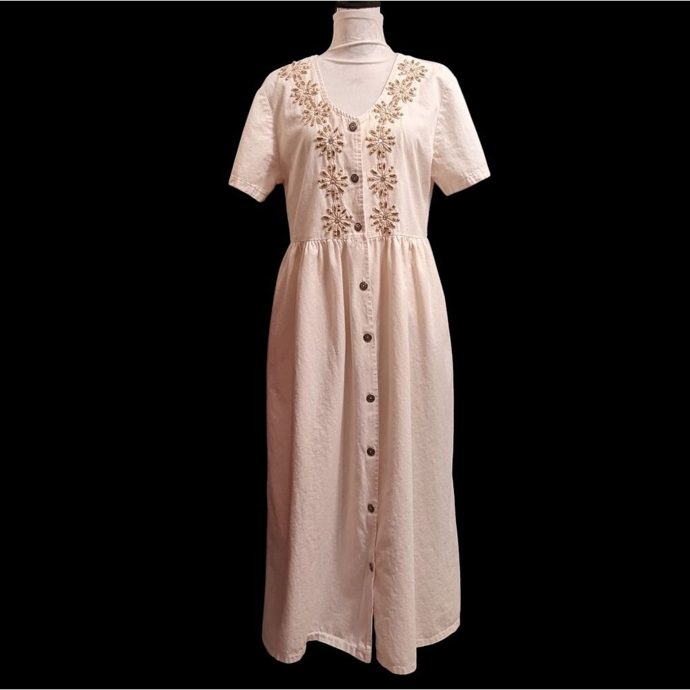 CACTUS CALIFORNIA Cream Button-Down Maxi Dress Gold Beading Heavy Cotton Medium